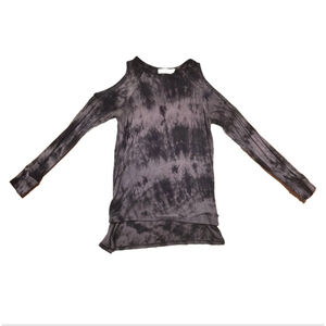 Ginger G Top Gray and Black Tie Dye Cold Shoulder Long Sleeve Split Hem